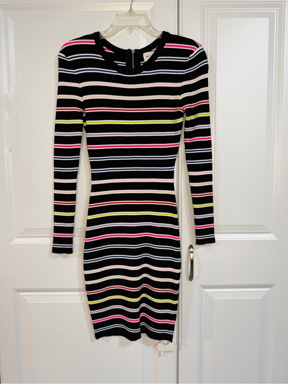 Milly Black Ribbed Long-Sleeve Dress with Pink, Neon Yellow & Light Blue Stripes